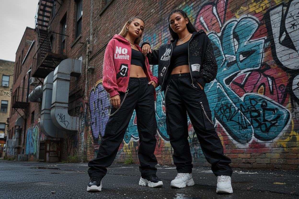Two girls in No Limit hoodies - street setting